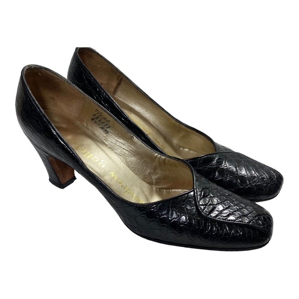ANDREW GELLER Heels Women's 7.5 AA Black Croco Leather Slip On Pumps
